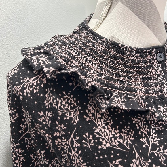 Boden Black Floral Midi Dress Smocked Neckline Button Front Belted Long Sleeve - Picture 10 of 12